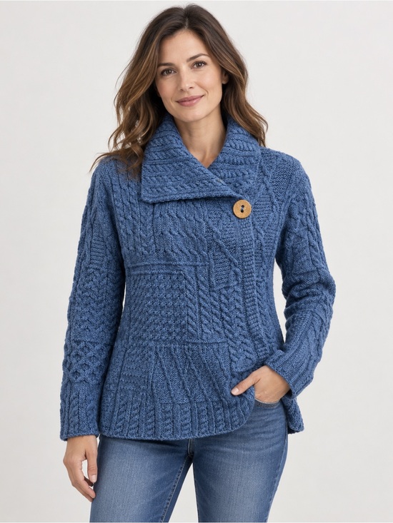 Carraigdonn Sweaters - Carraigdonn Cozy Blue Cable-Knit Shawl Collar Cardigan 100% Merino wool M